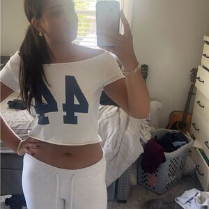Brandy Melville White Crop Top with Navy Numbers